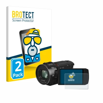 Front side of a product packaging with the brand logo BROTECT. Next to it is the device Panasonic HC-VX3 shown with the corres