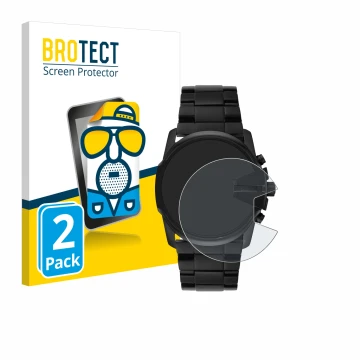Front side of a product packaging with the brand logo BROTECT. Next to it is the device Diesel Master Chief DZ4180 shown with 