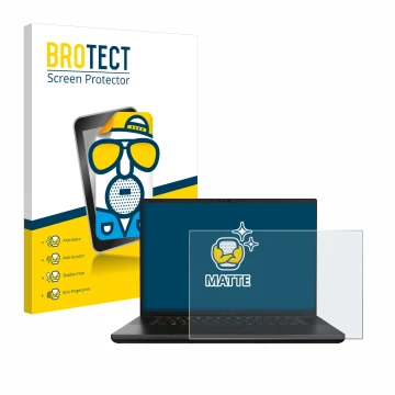 Front side of a product packaging with the brand logo BROTECT. Next to it is the device Razer Blade 16 2024 shown with the cor