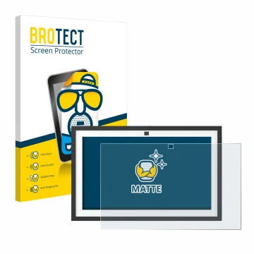 Front side of a product packaging with the brand logo BROTECT. Next to it is the device Amazon Echo Show 15 2024 shown with th