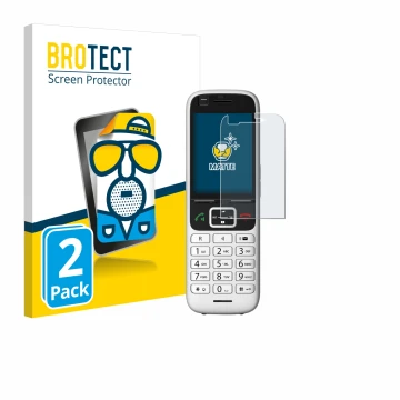 Front side of a product packaging with the brand logo BROTECT. Next to it is the device Unify OpenScape S6 shown with the corr