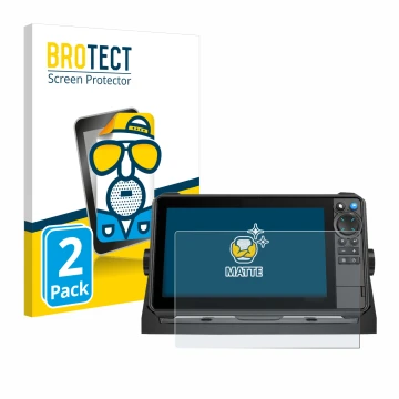 Front side of a product packaging with the brand logo BROTECT. Next to it is the device Lowrance HDS-9 Pro shown with the corr