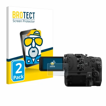 Front side of a product packaging with the brand logo BROTECT. Next to it is the device Canon EOS C400 shown with the correspo