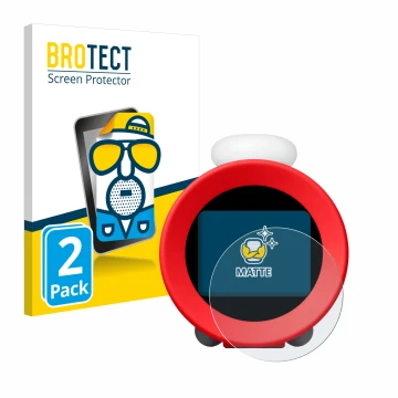 Front side of a product packaging with the brand logo BROTECT. Next to it is the device Nintendo Sound Clock Alarmo shown with
