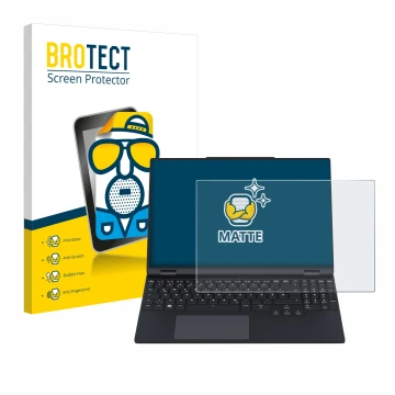 Front side of a product packaging with the brand logo BROTECT. Next to it is the device Tuxedo InfinityBook Pro 15 Gen 9 shown