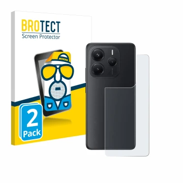 Front side of a product packaging with the brand logo BROTECT. Next to it is the device Xiaomi Redmi Note 14 (Back) shown with