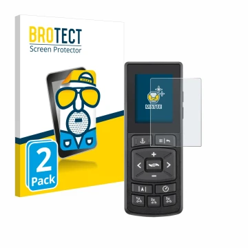 Front side of a product packaging with the brand logo BROTECT. Next to it is the device Minn Kota Advanced GPS Navigation show