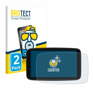 Front side of a product packaging with the brand logo BROTECT. Next to it is the device TomTom GO Advanced shown with the corr