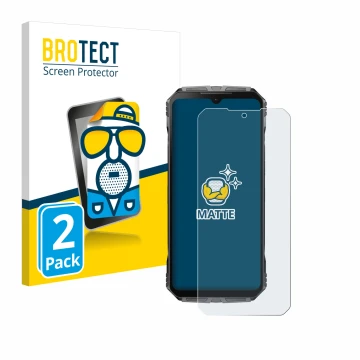 Front side of a product packaging with the brand logo BROTECT. Next to it is the device Doogee S Cyber shown with the correspo