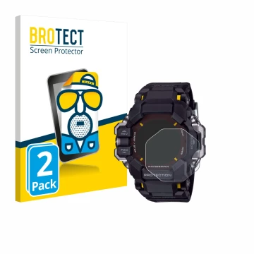 Front side of a product packaging with the brand logo BROTECT. Next to it is the device Casio G-Shock GPR-H 1000 shown with th