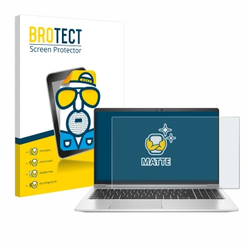 Front side of a product packaging with the brand logo BROTECT. Next to it is the device HP EliteBook 650 G10 shown with the co