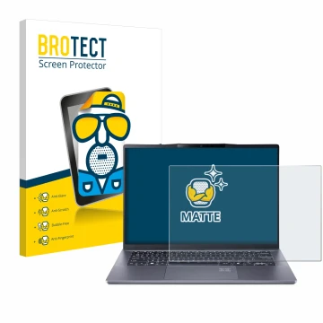 Front side of a product packaging with the brand logo BROTECT. Next to it is the device Acer Swift Go 14 AI shown with the cor