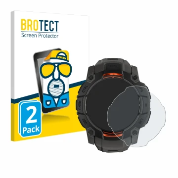 Front side of a product packaging with the brand logo BROTECT. Next to it is the device Garmin Instinct 3 Solar (45 mm) shown 