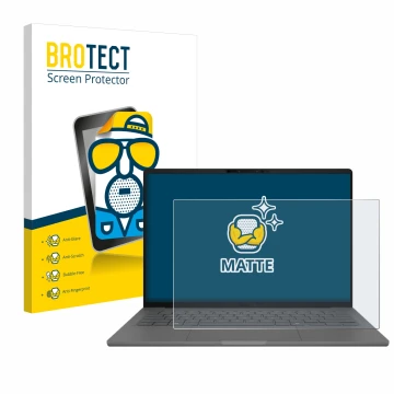 Front side of a product packaging with the brand logo BROTECT. Next to it is the device ASUS ZenBook A14 UX3407 shown with the