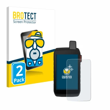 Front side of a product packaging with the brand logo BROTECT. Next to it is the device Garmin Montana 710i shown with the cor