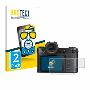Front side of a product packaging with the brand logo BROTECT. Next to it is the device Leica SL3-S (Display + top plate displ