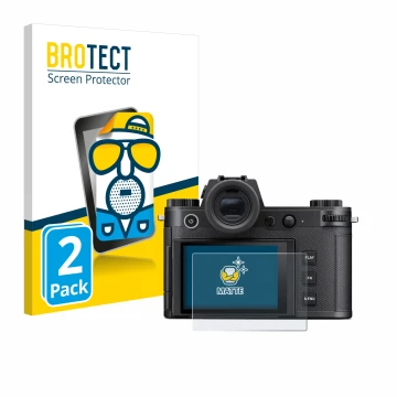 Front side of a product packaging with the brand logo BROTECT. Next to it is the device Leica SL3-S shown with the correspondi