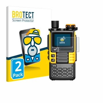 Front side of a product packaging with the brand logo BROTECT. Next to it is the device Quansheng UV-K5 (99) shown with the co
