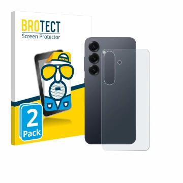 Front side of a product packaging with the brand logo BROTECT. Next to it is the device Samsung Galaxy S25 (Back) shown with t