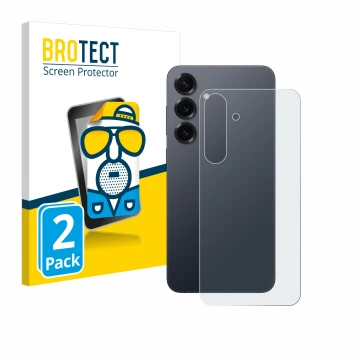 Front side of a product packaging with the brand logo BROTECT. Next to it is the device Samsung Galaxy S25 Plus (Back) shown w