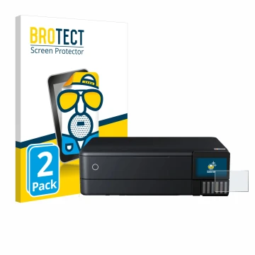 Front side of a product packaging with the brand logo BROTECT. Next to it is the device Epson EcoTank ET-8550 shown with the c