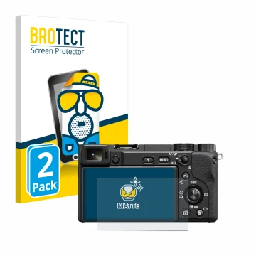 Front side of a product packaging with the brand logo BROTECT. Next to it is the device Sony Alpha 6100A shown with the corres