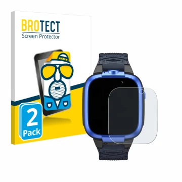 Front side of a product packaging with the brand logo BROTECT. Next to it is the device Xiaomi Mibro Kids Z3 shown with the co