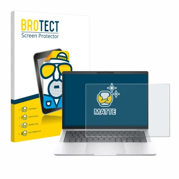 Front side of a product packaging with the brand logo BROTECT. Next to it is the device HP EliteBook 1040 G11 shown with the c