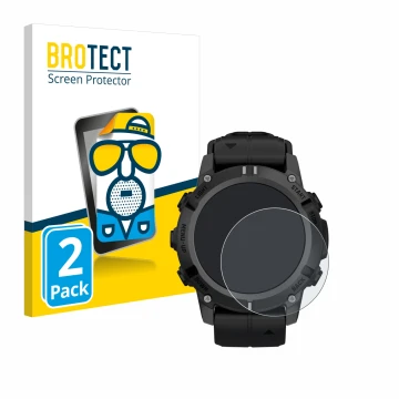 Front side of a product packaging with the brand logo BROTECT. Next to it is the device Garmin Descent G2 shown with the corre