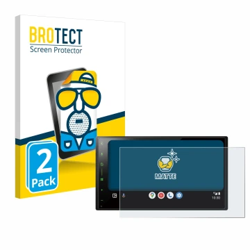 Front side of a product packaging with the brand logo BROTECT. Next to it is the device Pioneer SPH-DA77DAB shown with the cor