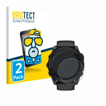 Front side of a product packaging with the brand logo BROTECT. Next to it is the device Garmin Tactix 8 Solar (51 mm) shown wi