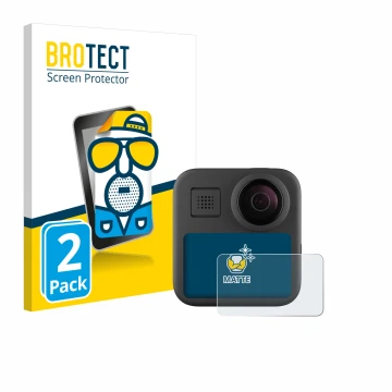 Front side of a product packaging with the brand logo BROTECT. Next to it is the device GoPro Max (2025) shown with the corres