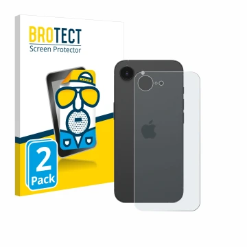 Front side of a product packaging with the brand logo BROTECT. Next to it is the device Apple iPhone 16e (Back) shown with the