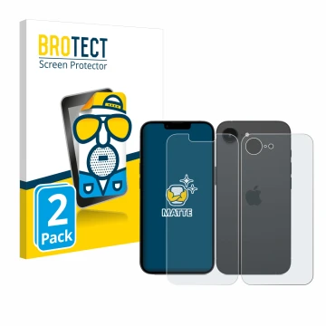 Front side of a product packaging with the brand logo BROTECT. Next to it is the device Apple iPhone 16e (Front+Back) shown wi