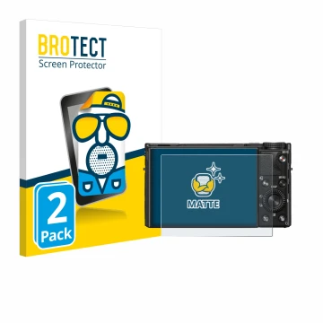 Front side of a product packaging with the brand logo BROTECT. Next to it is the device Sony Cyber-Shot DSC-RX100 VIIA shown w