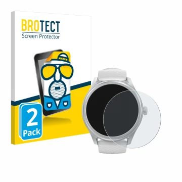 Front side of a product packaging with the brand logo BROTECT. Next to it is the device Hama Smartwatch 5010 shown with the co