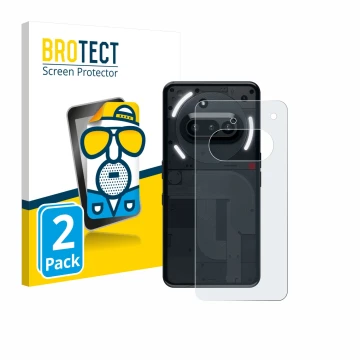 Front side of a product packaging with the brand logo BROTECT. Next to it is the device Nothing Phone (3a) (Back) shown with t