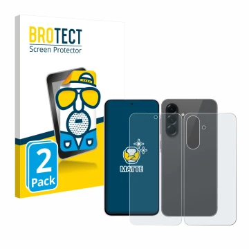 Front side of a product packaging with the brand logo BROTECT. Next to it is the device Samsung Galaxy A56 5G (Front+Back) sho