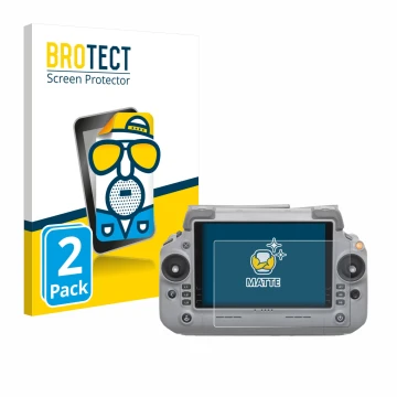 Front side of a product packaging with the brand logo BROTECT. Next to it is the device DJI RC Plus 2 shown with the correspon