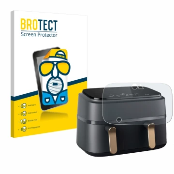 Front side of a product packaging with the brand logo BROTECT. Next to it is the device Philips Airfryer NA352/00 shown with t