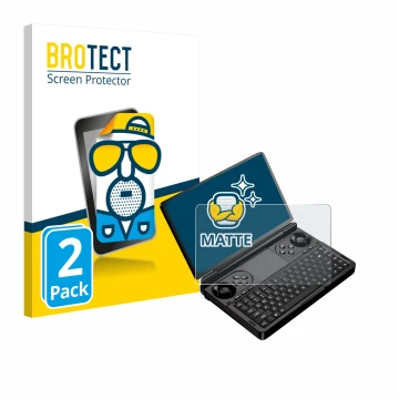 Front side of a product packaging with the brand logo BROTECT. Next to it is the device GPD Win Mini (2025) shown with the cor