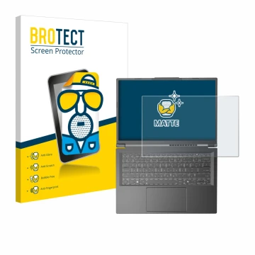 Front side of a product packaging with the brand logo BROTECT. Next to it is the device Acer Aspire 14 AI shown with the corre