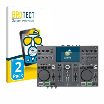 Front side of a product packaging with the brand logo BROTECT. Next to it is the device Denon DJ Prime Go+ shown with the corr