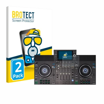 Front side of a product packaging with the brand logo BROTECT. Next to it is the device Denon DJ SC LIVE 4 (Jog) shown with th