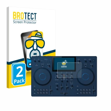 Front side of a product packaging with the brand logo BROTECT. Next to it is the device AlphaTheta OMNIS-Duo (Jog) shown with 