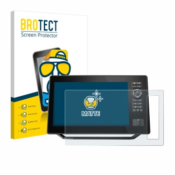 Front side of a product packaging with the brand logo BROTECT. Next to it is the device Humminbird Xplore 10 shown with the co