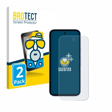 Front side of a product packaging with the brand logo BROTECT. Next to it is the device Google Pixel 9a shown with the corresp