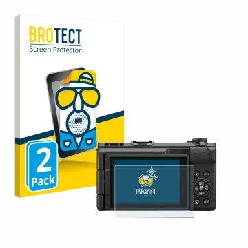 Front side of a product packaging with the brand logo BROTECT. Next to it is the device Canon PowerShot V1 shown with the corr