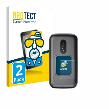 Front side of a product packaging with the brand logo BROTECT. Next to it is the device Doro 2880 (Outer display) shown with t