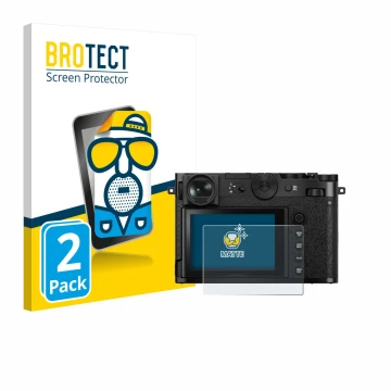 Front side of a product packaging with the brand logo BROTECT. Next to it is the device Fujifilm GFX 100RF shown with the corr